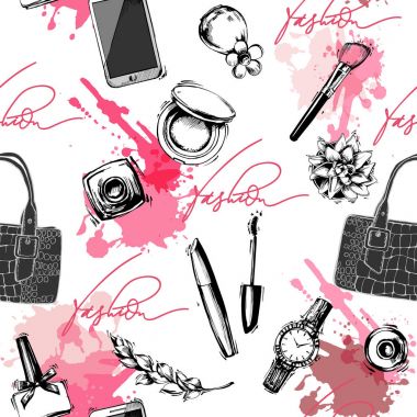Sanatçı nesneleri makyaj ile kesintisiz moda ve kozmetik arka plan: bayanlar izle, el çantası, tırnak cilası, maskara, ruj, parfüm. Vektör çizim