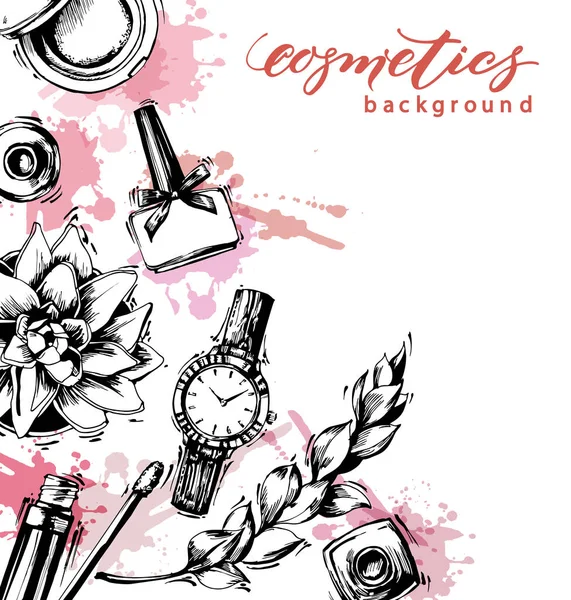 Kosmetik und Mode Hintergrund mit Make-up-Künstler Objekte: Lipgloss, Nagellack, Damenuhr, Pinsel. Vektor. — Stockvektor