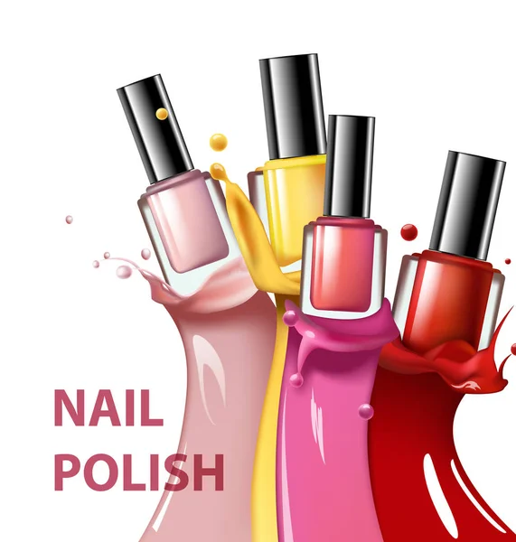 Färgglada nagellack, nagellack splatter på vit bakgrund, 3d illustration, vogue annonser för design kosmetika och mode bakgrunden mall vektor. — Stock vektor