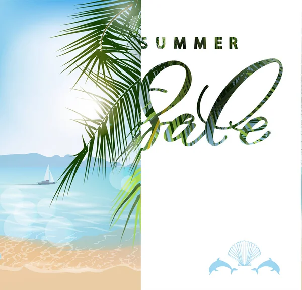 Sommar-REA koncept. Sommaren bakgrund med strand, palm träd vacker panoramautsikt över havet, med rent vatten blå himmel. Mall vektor. — Stock vektor