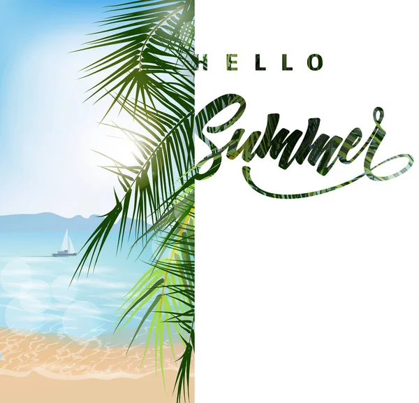 Vacaciones de verano vector ilustración. Playa, palmeras hermosas vistas panorámicas al mar, con cielo azul de agua limpia. Vector de plantilla . — Vector de stock