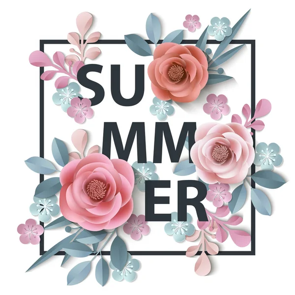 Summer background withr, abstract paper flowers, floral background, blank round frame, greeting card template.Vector. — Stock Vector