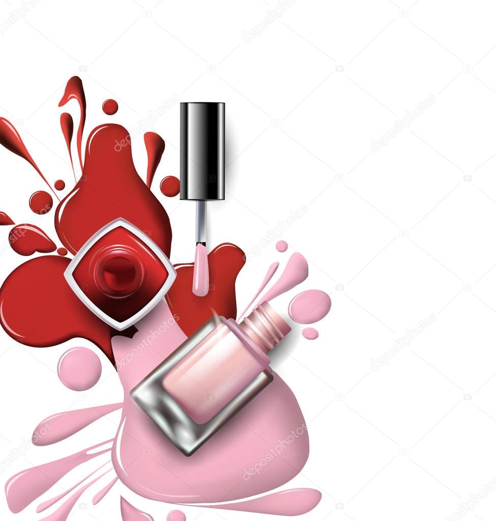 Top view of pink, lilac nail polish on white background Cosmetics and fashion background Vector.