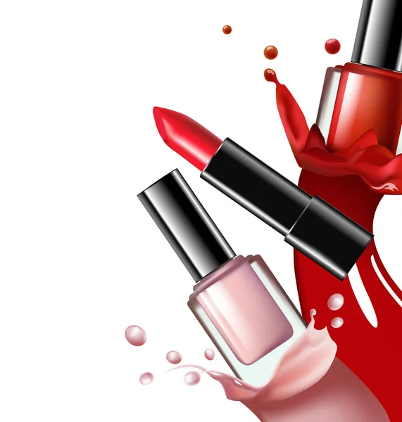 Bunter Nagellack, Nagellackspritzer und roter Lippenstift auf weißem Hintergrund, 3D-Illustration, modische Werbung für Designkosmetik und Mode-Hintergrundvektor. — Stockvektor