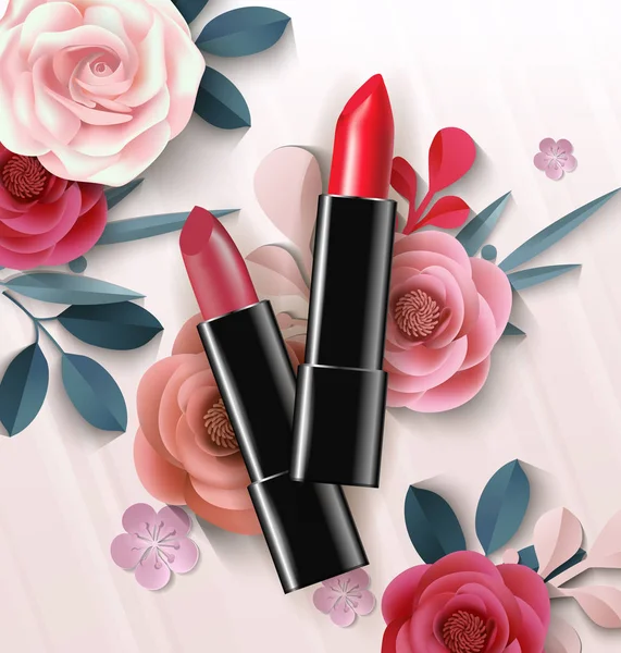 Roter Lippenstift auf dem Hintergrund schöner Papierblumen. Schönheit und Kosmetik Hintergrund. Verwendung für Werbeflyer, Banner, Flugblätter. Vektor. — Stockvektor