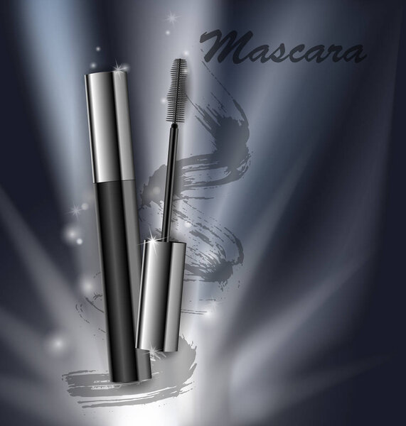 Cosmetics beauty series, ads of premium mascara on a dark background. Template for design posters, placard, logo, presentation, banners, covers, vector .