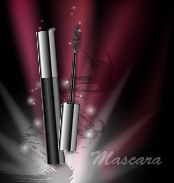Cosmetics beauty series, ads of premium mascara on a dark background. Template for design posters, placard, logo, presentation, banners, covers, vector .