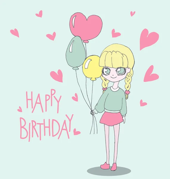 Glückwunschkarte mit netten Mädchen. Vektor-Illustration eines Mädchens mit Geburtstagsballons — Stockvektor