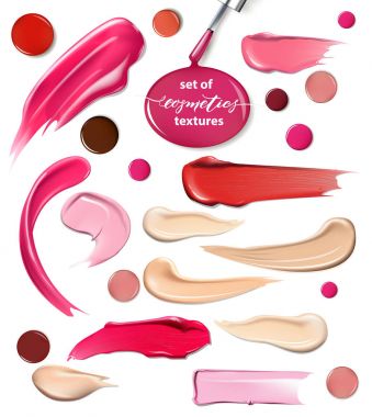 Collection of various Smears lipstick, drops of nail Polish on white background. Beauty and cosmetics background. Use for advertising flyer, banner, leaflet. Template Vector. clipart