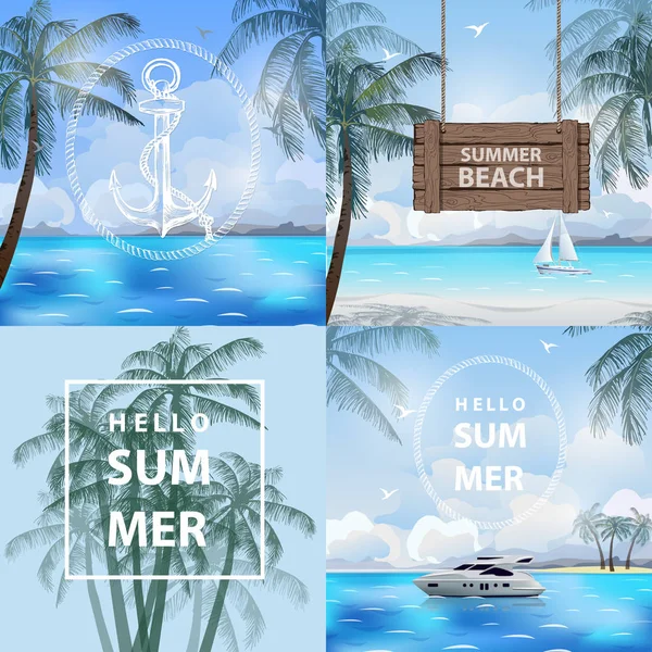 Набір банерів літо, море, подорожі. Літні канікули Векторні ілюстрації. Пляж, красивий вітрильник, морський човен, пальми красивий панорамний вид на море, Вектор . — стоковий вектор