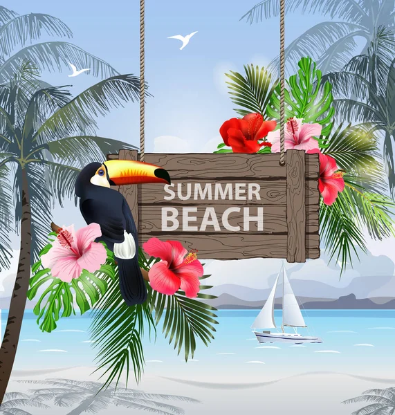 Vacaciones de verano vector ilustración. Playa, hermoso velero, palmeras, hermosa vista panorámica al mar, Vector . — Vector de stock