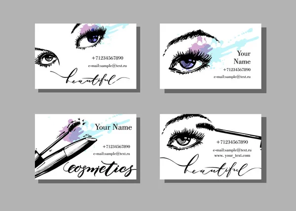 Tarjeta de visita de maquillador. Plantilla vectorial con patrón de artículos de maquillaje con hermosos ojos femeninos y rímel. Fondo de moda y belleza. Vector de plantilla . — Vector de stock