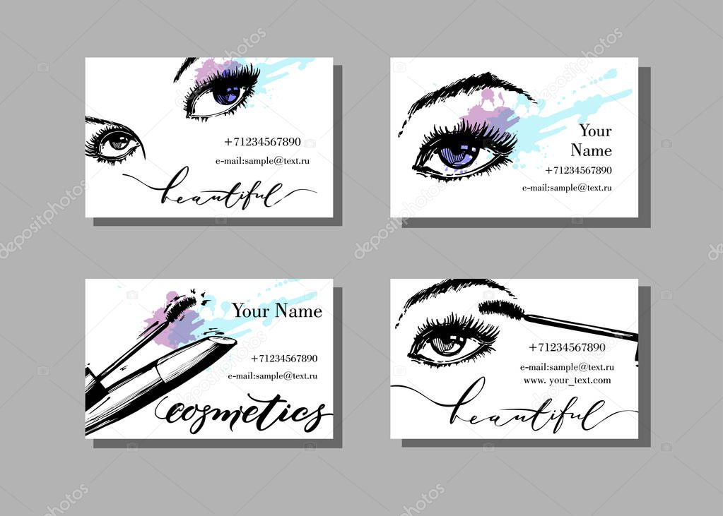 Makeup artist business card. Vector template with makeup items pattern -with beautiful female eyes and mascara. Fashion and beauty background. Template Vector.