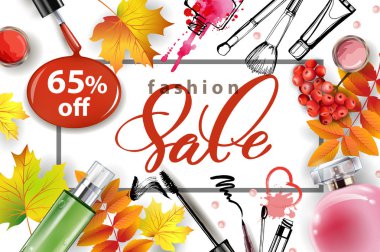 Satışı büyük başlığı ile sonbahar yaprakları, kozmetik ve üvez meyveleri. Vektör