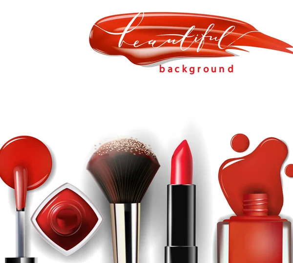 Kosmetik und Mode Hintergrund mit Make-up-Künstler Objekte: Lippenstift, Nagellack. Vorlagenvektor. — Stockvektor