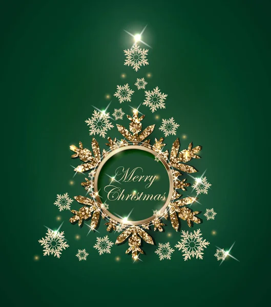 Christmas and New Year green background with Christmas tree made from gold snowflakes. Christmas and new year card. Vector template. — Stock Vector