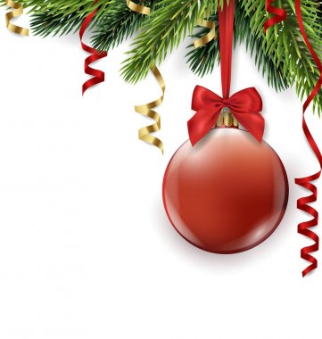 Vektör Noel ağacı dalı ile üzerine beyaz izole kırmızı top. Noel ve yeni yıl arka plan, metin için yer ile. Vektör