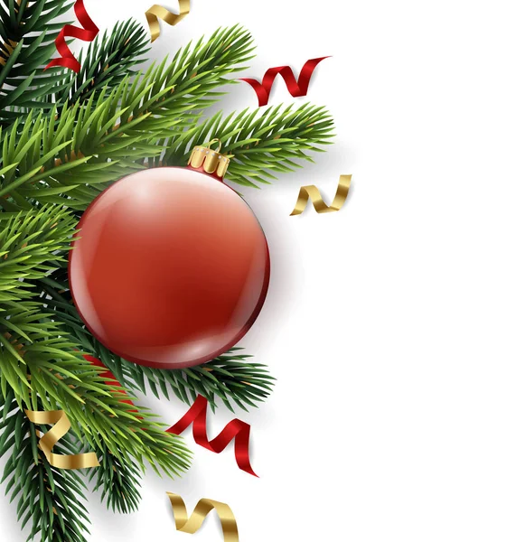Rama del árbol de Navidad vectorial con bola roja aislada en blanco. La vista desde arriba. Navidad y año nuevo fondo con lugar para su texto. Vector — Archivo Imágenes Vectoriales