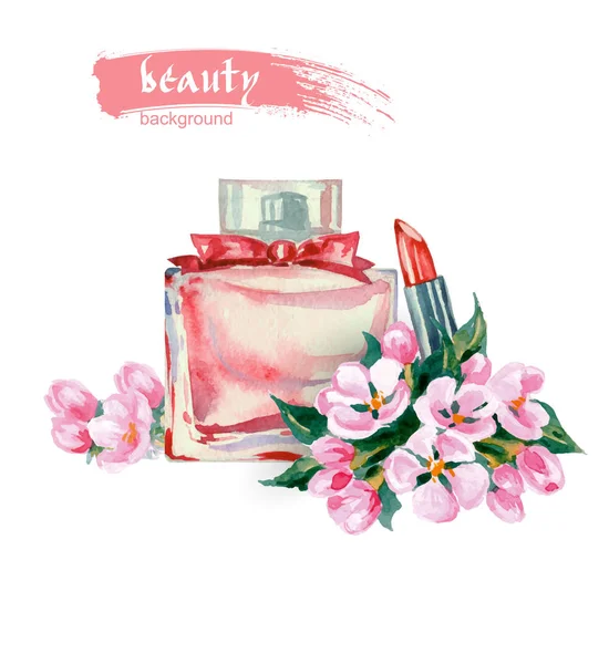Vackra kvinnors parfym med en fjäder Apple blommor och läppstift. Mode och skönhet bakgrund. Vector mall för broschyr, reklam, banners. Akvarell — Stock vektor