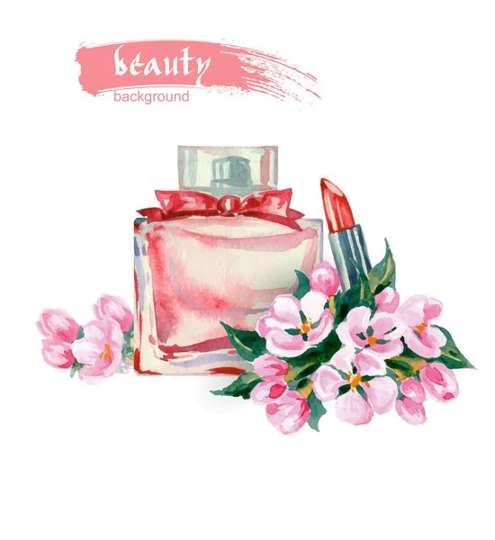 Hermoso perfume de mujer con una primavera flores de manzana y lápiz labial. Fondo de moda y belleza. Plantilla vectorial para folleto, publicidad, banners. Acuarela — Archivo Imágenes Vectoriales