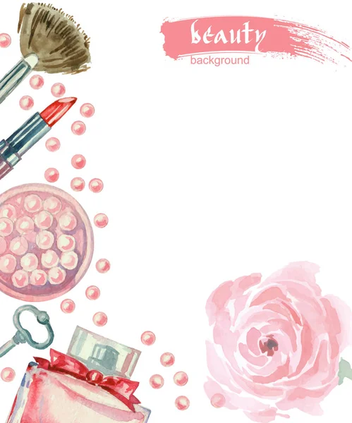 Kozmetik ve suluboya ile moda arka plan yapmak sanatçı nesneleri: parfüm, anahtarlık, allık, ruj toz fırçası ile anahtar taşı. Vektör şablonu.