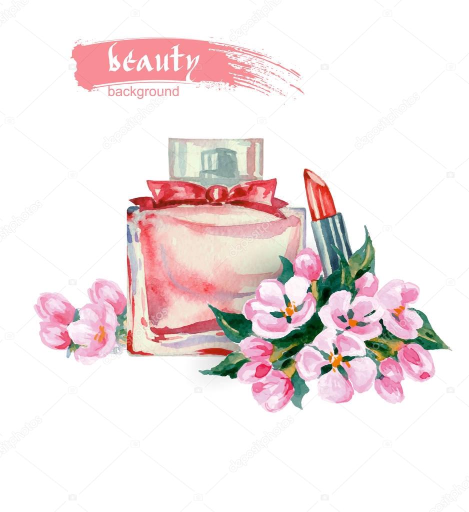 Beautiful women's perfume with a spring Apple flowers and lipstick.Fashion and beauty background. Vector Template for brochure, advertising, banners. Watercolor
