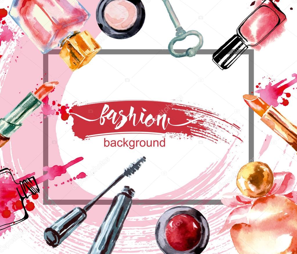 Cosmetics and fashion background with watercolor make up artist objects: lipstick, nail polish, mascara, brush. With place for your text .Template Vector