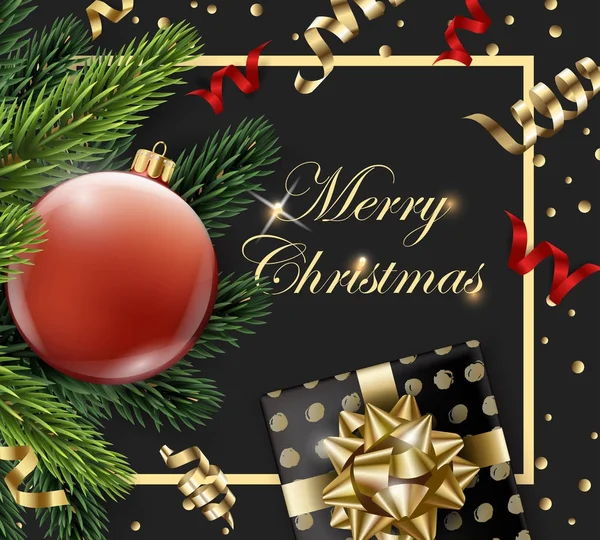 Buon Natale e felice anno nuovo biglietto di auguri con rami di abete e palla rossa con decorazioni su sfondo scuro Illustrazione vettoriale — Vettoriale Stock