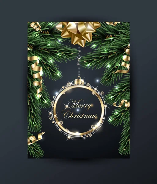 Feliz Natal e Feliz Ano Novo cartão com galhos de Natal, com arco de ouro, com decorações sobre fundo escuro ilustração vetorial —  Vetores de Stock