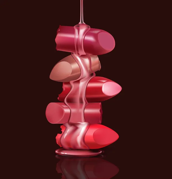 Luxe féminin. Rouge à lèvres cassé avec huile nourrissante au rouge à lèvres goutte à goutte, miel pour maquillage sur fond noir, gabarit pour affiche, bannière, logo, dépliant, maquette réaliste, illustration vectorielle . — Image vectorielle