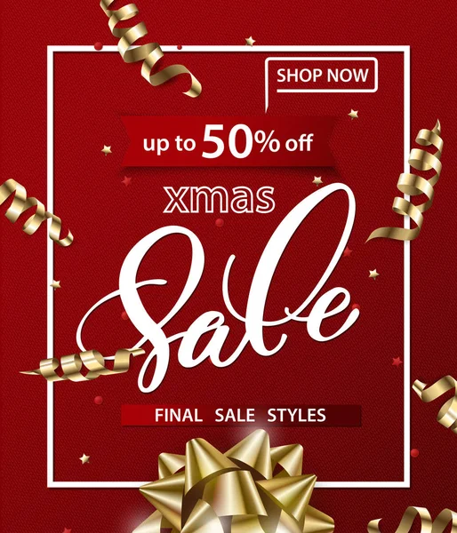 Frohe Weihnachten und ein gutes neues Jahr Muster von Verkaufsbannern mit Weihnachtsschleife mit Dekorationen auf rotem Hintergrund. Verkaufskonzept. Vektorillustration — Stockvektor