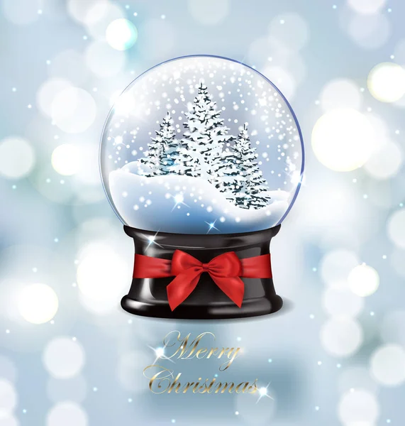 Vector illustration realistic empty christmas snow globebeautiful Christmas trees with snow, on blurred blue background with bokeh — Stock Vector