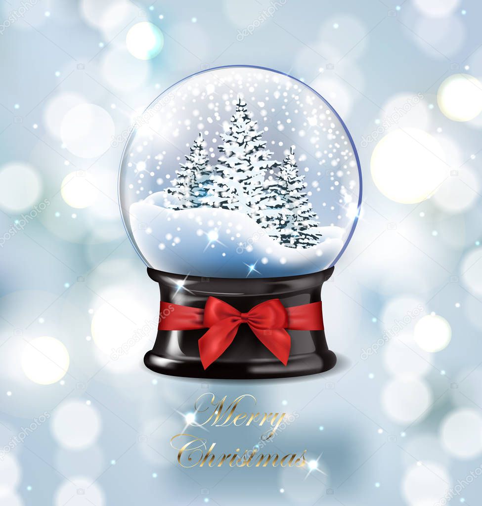Vector illustration realistic empty christmas snow globebeautiful Christmas trees with snow, on blurred blue background with bokeh