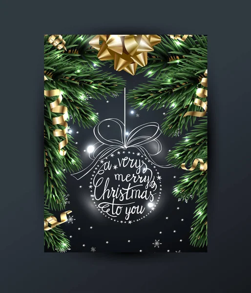 Veselé Vánoce a šťastný nový rok blahopřání s vánoční větve, s zlatým lukem, s ozdobami na tmavém pozadí vektorové ilustrace — Stockový vektor
