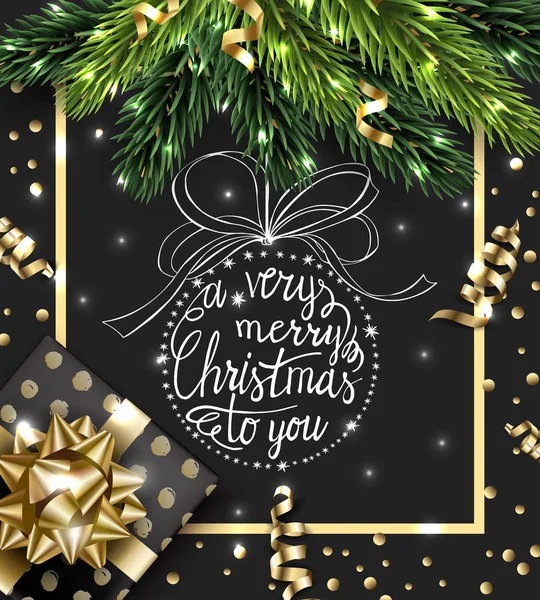 Feliz Natal e Feliz Ano Novo cartão de saudação com ramos de Natal, com presente de Natal, com decorações em fundo escuro Modelo de vetor —  Vetores de Stock