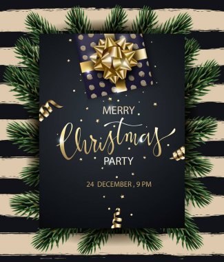 Neşeli Noel ve mutlu yeni yıl tebrik kartı ile Noel dallar, koyu arka plan vektör çizim üzerinde süslemeleri ile Noel hediyesi