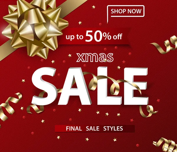 圣诞快乐, 新年愉快的销售横幅图案与圣诞弓与装饰在红色的背景。销售理念。矢量插图 — 图库矢量图片