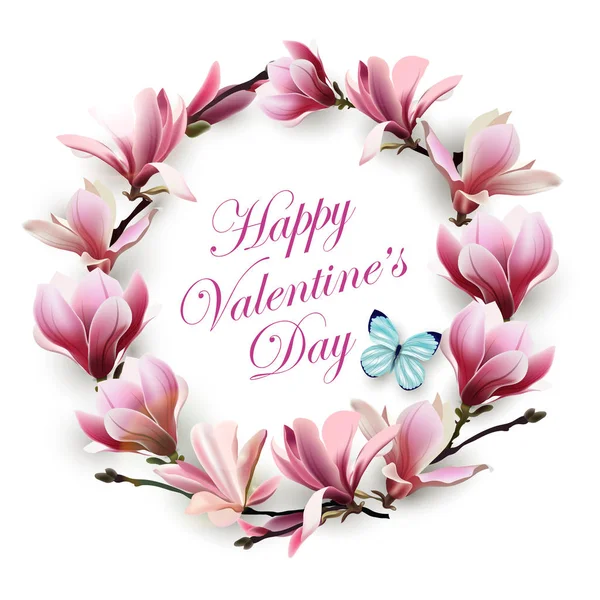 Tarjeta de felicitación feliz día de San Valentín con una corona de flores delicadas Magnolia rosa con mariposa azul. Plantilla para tarjetas de cumpleaños, tarjetas de día de las madres, fondo de primavera, pancarta, invitaciones. Vector — Vector de stock