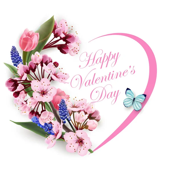 Tarjeta de felicitación feliz día de San Valentín con un corazón de flores tulipanes rosas flores de cerezo con mariposa azul. Plantilla para tarjetas de cumpleaños, fondo de primavera de tarjetas de día de las madres, invitaciones de pancartas. Vector — Vector de stock