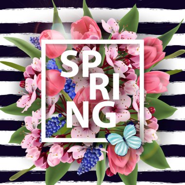 Bahar çiçek açan ile arka plan bahar çiçek, Pembe Laleler, kiraz çiçekleri. Doğum günü kartları, anneler günü kartı bahar arka plan, afiş davetler için vektör şablonu. afiş, broşür, el ilanı