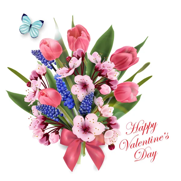 Tarjeta de felicitación feliz día de San Valentín con un ramo de tulipanes rosados, flores de cerezo con mariposa azul. Plantilla para tarjetas de cumpleaños, fondo de primavera de tarjetas de día de las madres, invitaciones de pancartas. Vector — Vector de stock