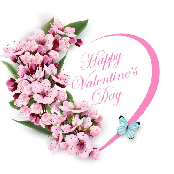 Tarjeta de felicitación feliz día de San Valentín con un corazón de flores flores flores de cerezo rosa con mariposa azul. Plantilla para tarjetas de cumpleaños, fondo de primavera de tarjetas de día de las madres, invitaciones de pancartas. Vector — Vector de stock