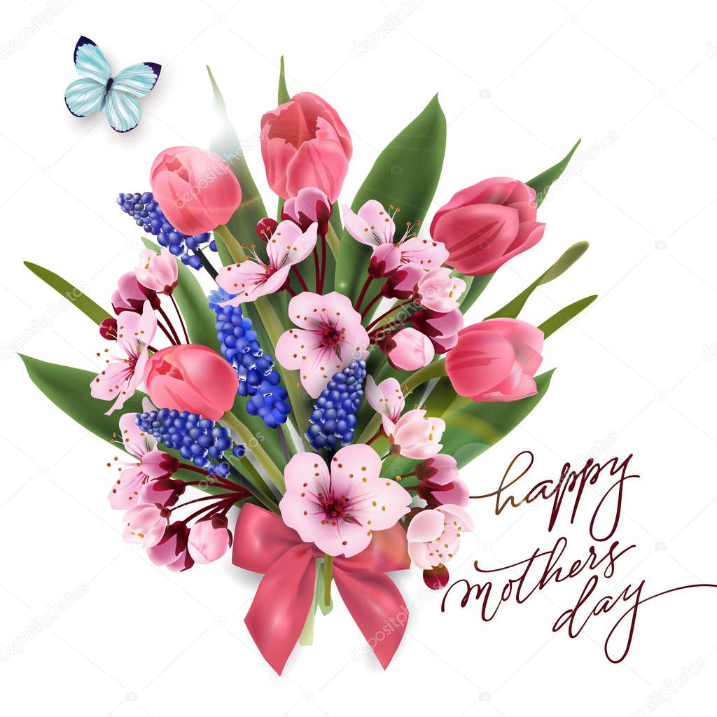 Greeting card happy Mothers day with a bouquet of pink tulips, cherry blossoms with blue butterfly. Template for birthday cards, Valentines day card spring background, banner invitations. Vector