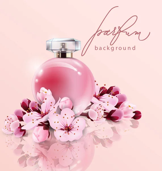 Iklan parfum Sakura, parfum gaya realistis dalam botol kaca dengan latar belakang merah muda dengan bunga sakura. Poster iklan besar untuk mempromosikan templat Vektor parfum baru - Stok Vektor