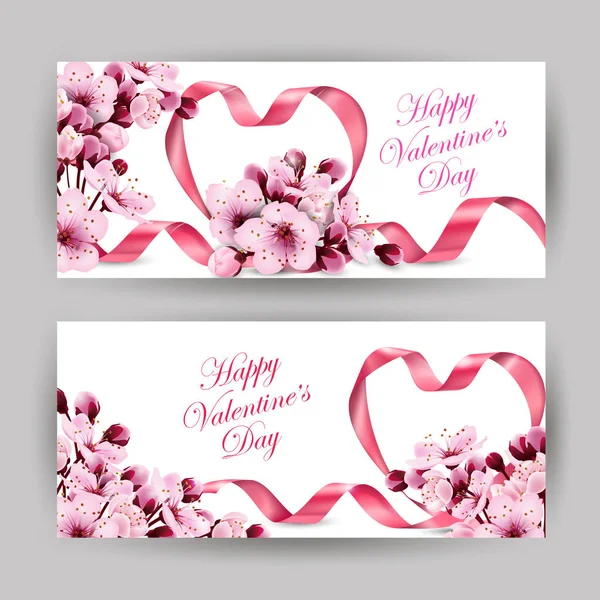 Happy Valentine's day. Pink ribbon heart with delicate pink flowering cherry. Template for birthday cards, mothers day card spring background, banner invitations. Vector — Stock Vector