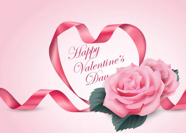 Feliz día de San Valentín. Corazón de cinta rosa con delicada cereza rosa floreciente. Plantilla para tarjetas de cumpleaños, fondo de primavera de tarjetas de día de las madres, invitaciones de pancartas. Vector — Vector de stock