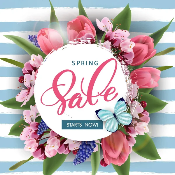 Spring sale concept. Spring background with flowering crocuses.Template vector — Stock Vector