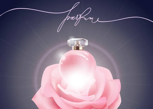 Hermosa botella de perfume rosa perfume femenino y rosa sobre un fondo radiante. Belleza y cosmética fondo Plantilla vectorial — Archivo Imágenes Vectoriales