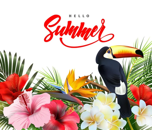 Férias de verão fundo com flores tropicais e um tucano. Lettering Olá Summer Template Vector . —  Vetores de Stock