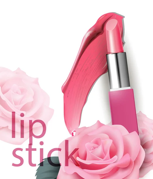 Rossetto rosa e Spalma rossetto con delicate rose rosa su fondo bianco. Cosmetici commerciali, bello stile. Squisita macchia, rivista glamour, concetto di bellezza. Mockup realistico, vettore — Vettoriale Stock